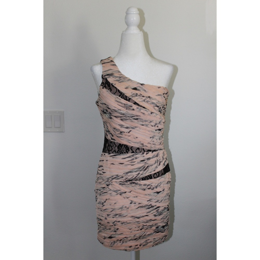 ark & co. One Shoulder Pink & Black Ruched Lace‎ Detail Mini Dress Women Size M
